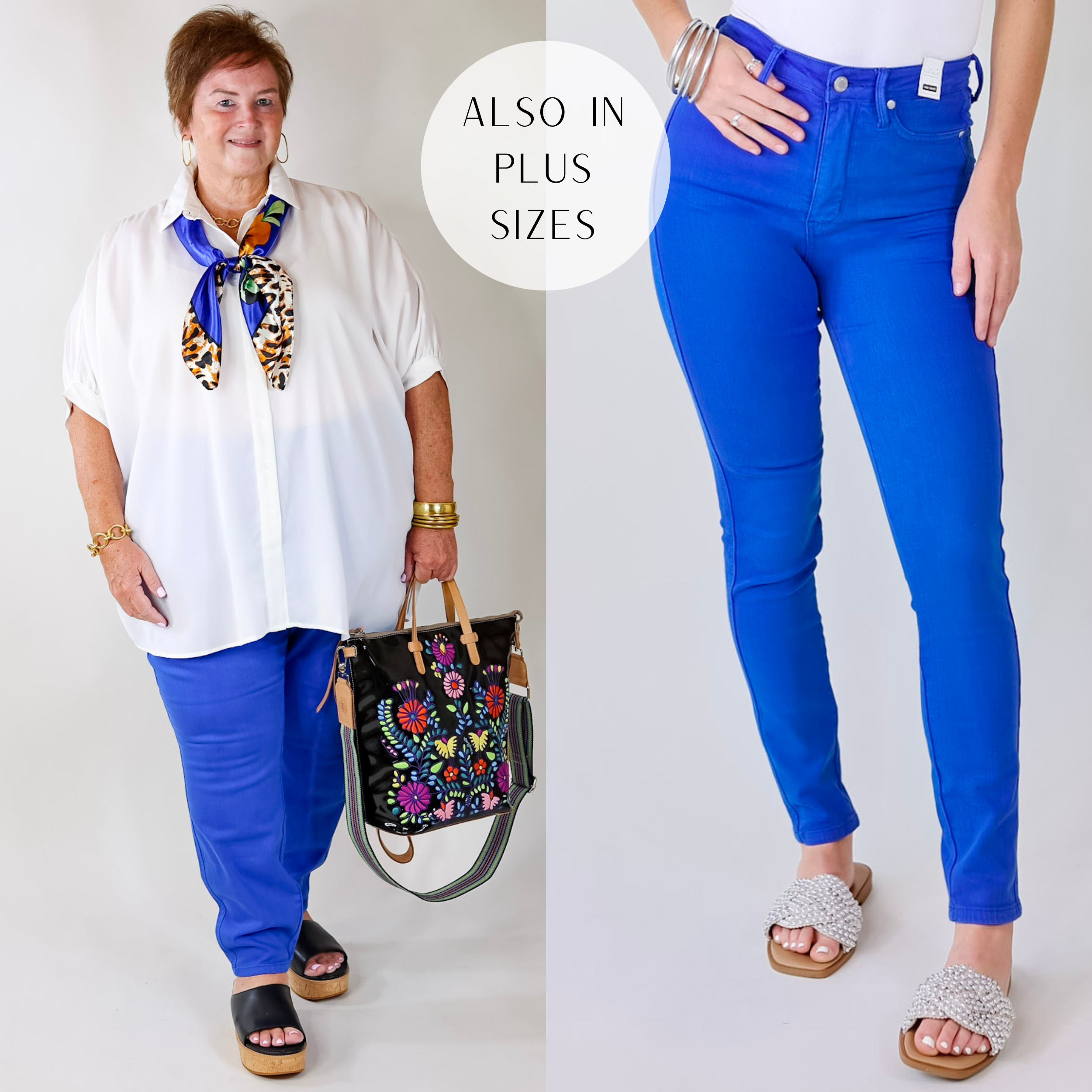Model is wearing a pair of cobalt blue skinny jeans. Model has these jeans paired with a white button up top, blue wild rag, and a black consuela bag.