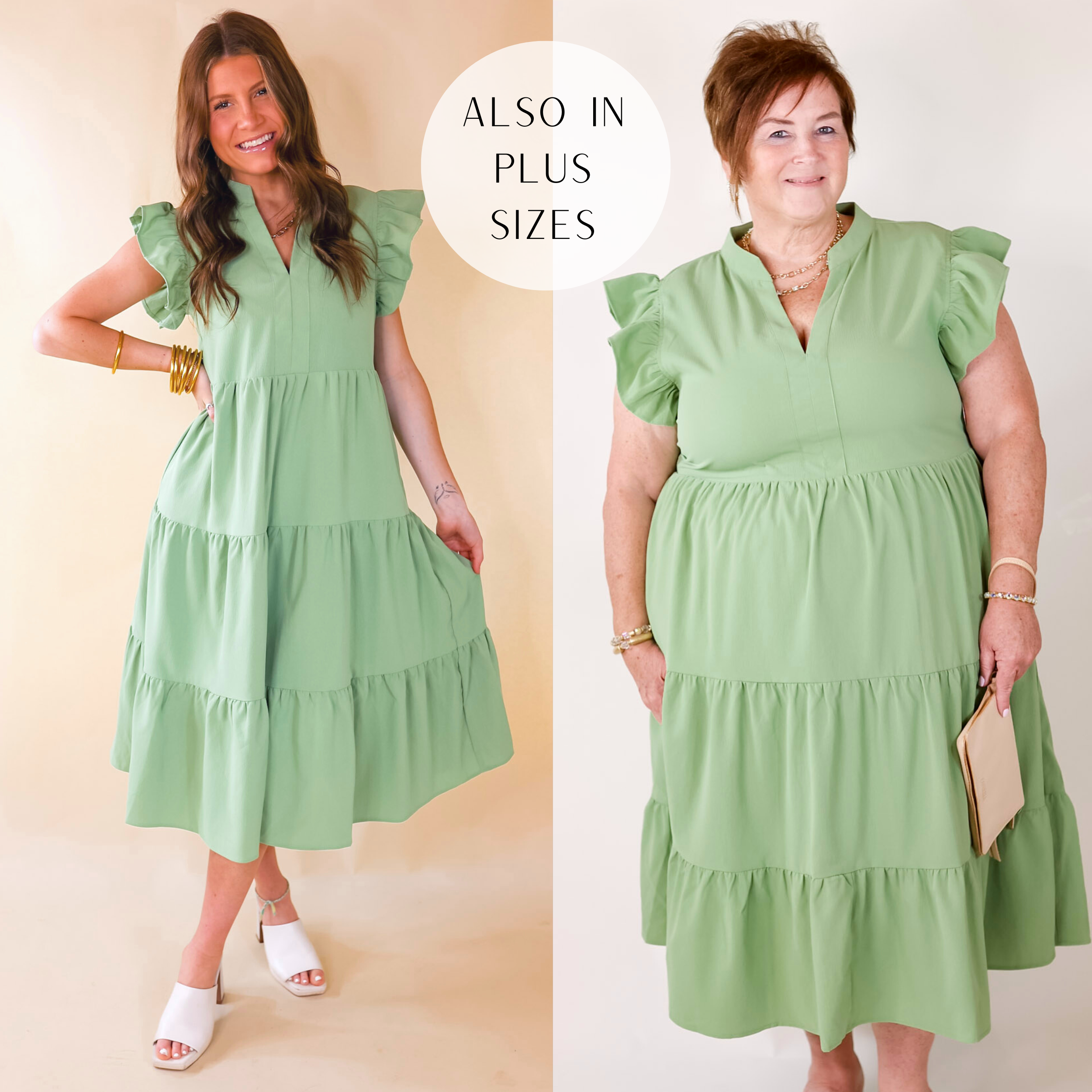 A sage green midi dress with short ruffled sleeves, relaxed fit, V neckline , pockets, and a tiered skirt. 