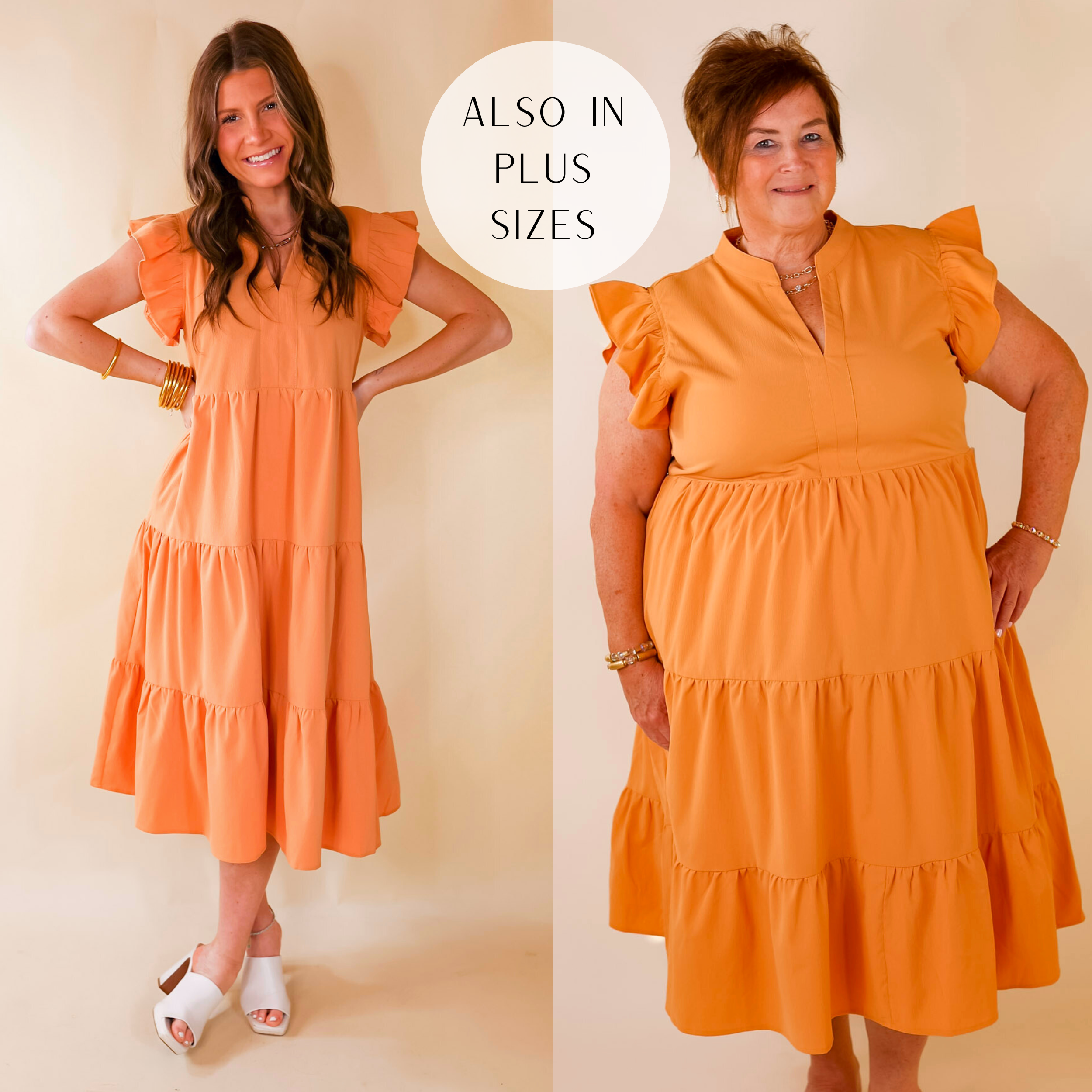 An orange midi dress with short ruffled sleeves, a V neckline, pockets, a tiered skirt, and a relaxed fit.