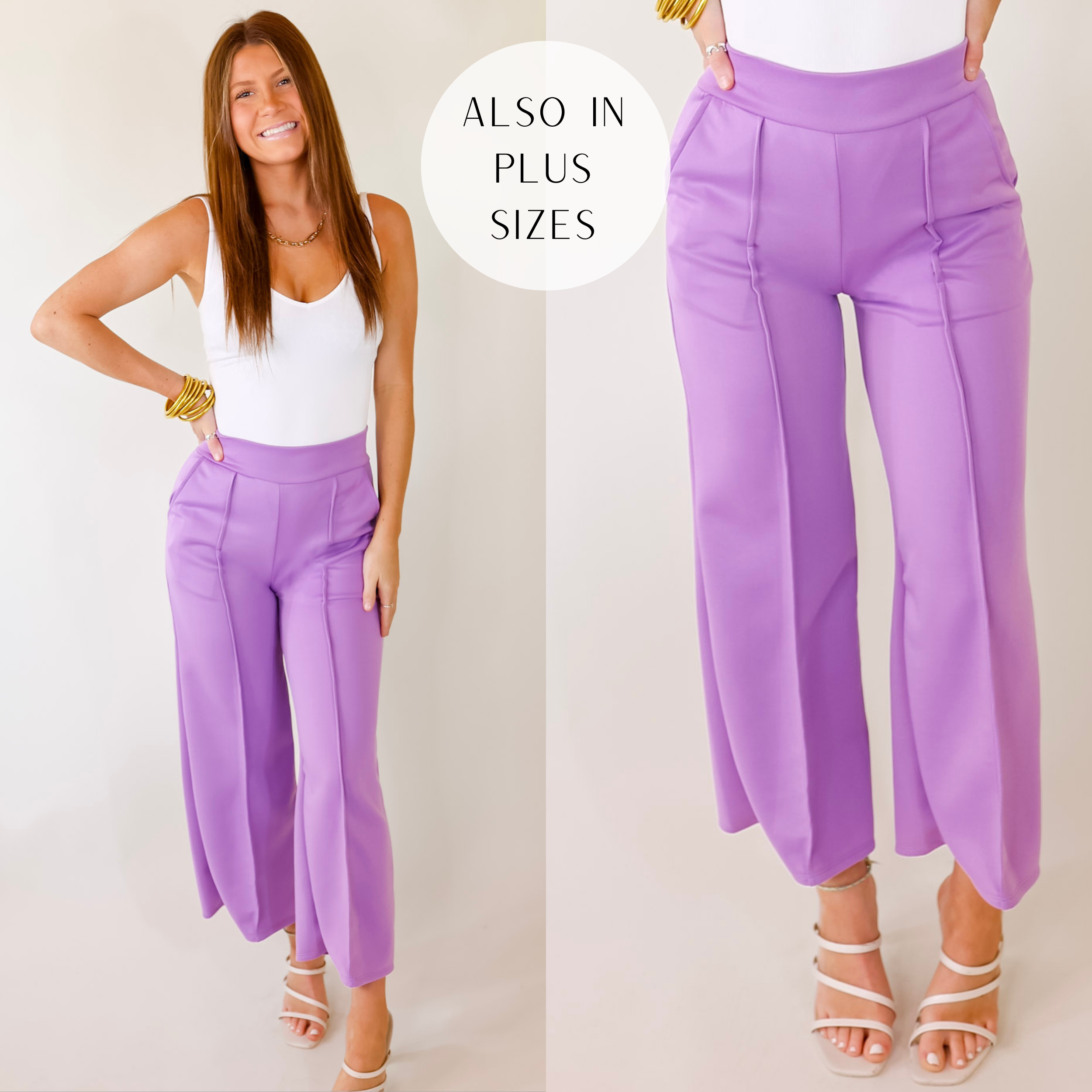 A pair of lavender mid rise pants with a front pleat on both legs, pockets, and a straight leg style