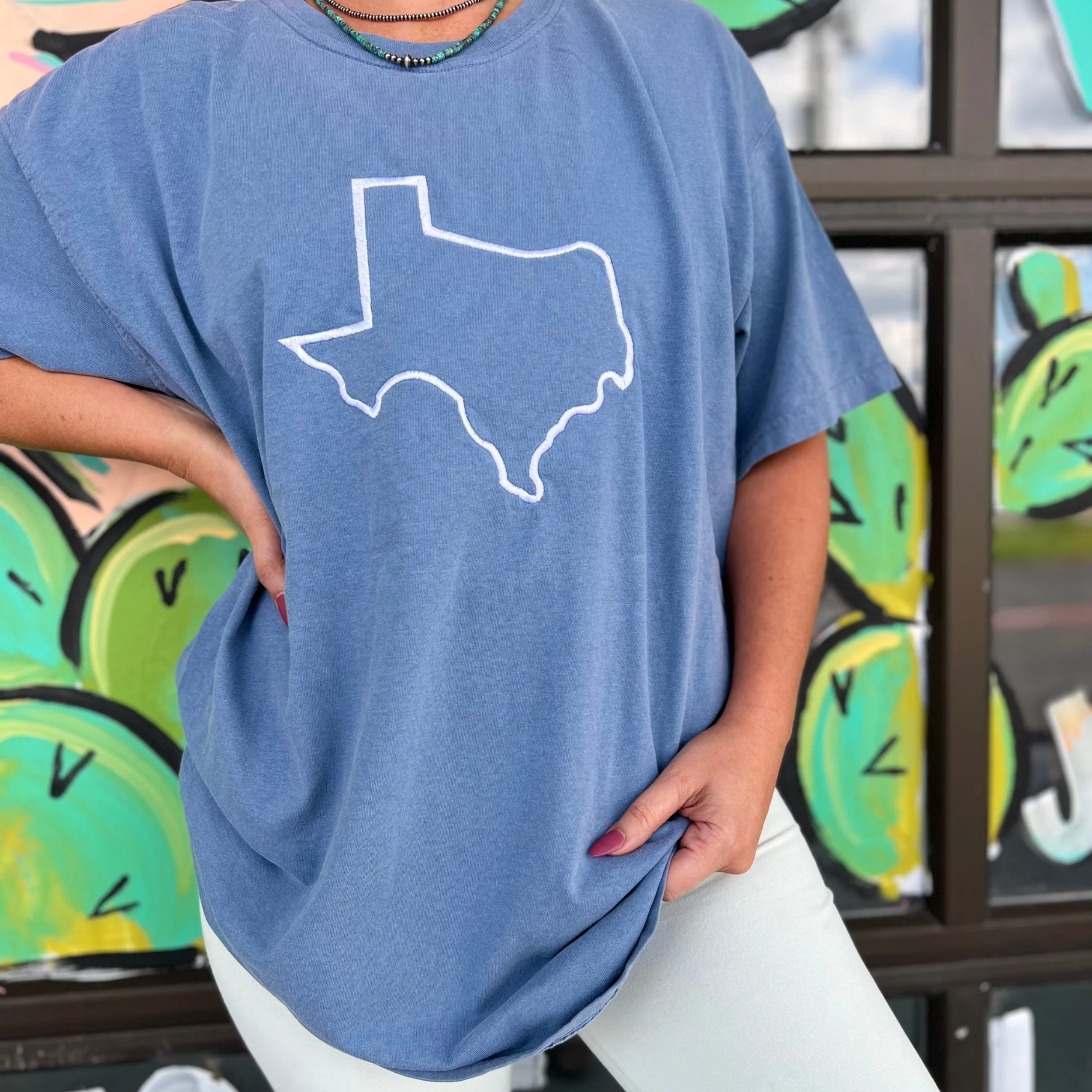 Online Exclusive | Texas Embroidered Short Sleeve Graphic Tee in Blue Jean - Giddy Up Glamour Boutique