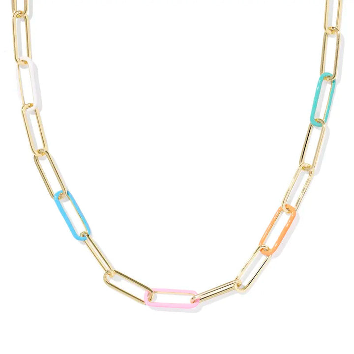 Gold chain necklace with colorful links on a white background