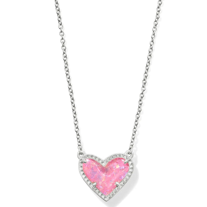 Kendra Scott | Ari Heart Silver Pendant Necklace in Pink Iridescent Glitter Glass