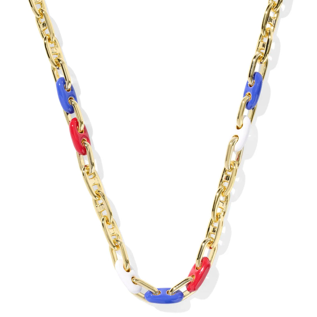 A solid white background with a gold paperclip chain necklace and red, white and blue links.