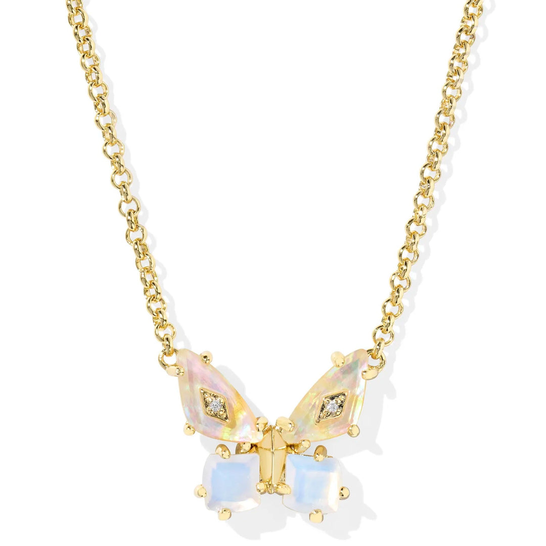 A solid white background with a butterfly pendant in Iridescent White Mix. The pendant also has crystal studs on the wings. 