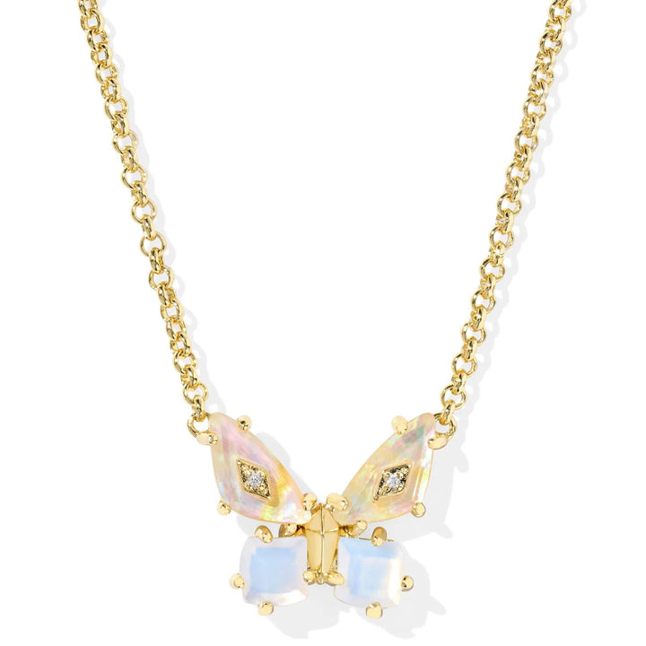A solid white background with a butterfly pendant in Iridescent White Mix. The pendant also has crystal studs on the wings. 