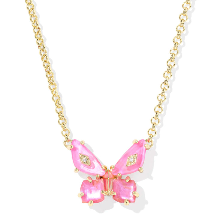 A solid white background with a butterfly pendant in pink mix. The pendant also has crystal studs on the wings. 