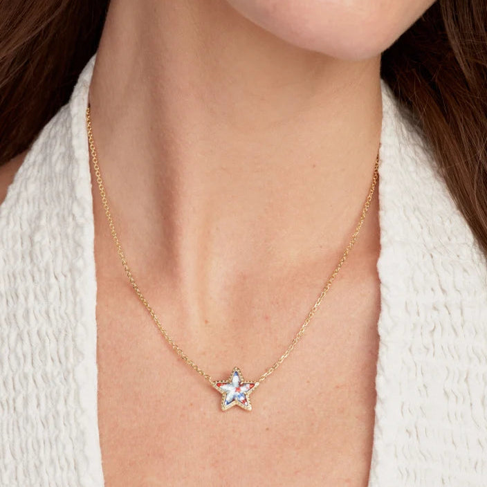 Kendra Scott | Cassidy Gold Short Star Pendant Necklace in Red White Blue Star Illusion