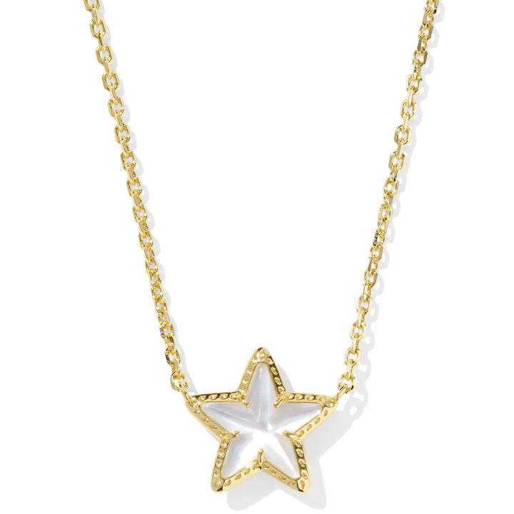 A solid white background with a gold chain necklace and a star shaped pendant on the end in Ivory Mother-of-Pearl
