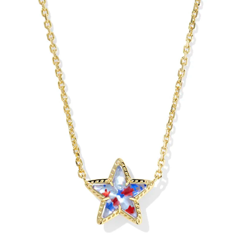 A solid white background with a gold chain necklace that has a star pendant on the end in Red White Blue Star Illusion