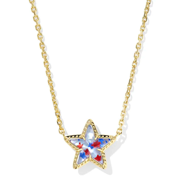 A solid white background with a gold chain necklace that has a star pendant on the end in Red White Blue Star Illusion