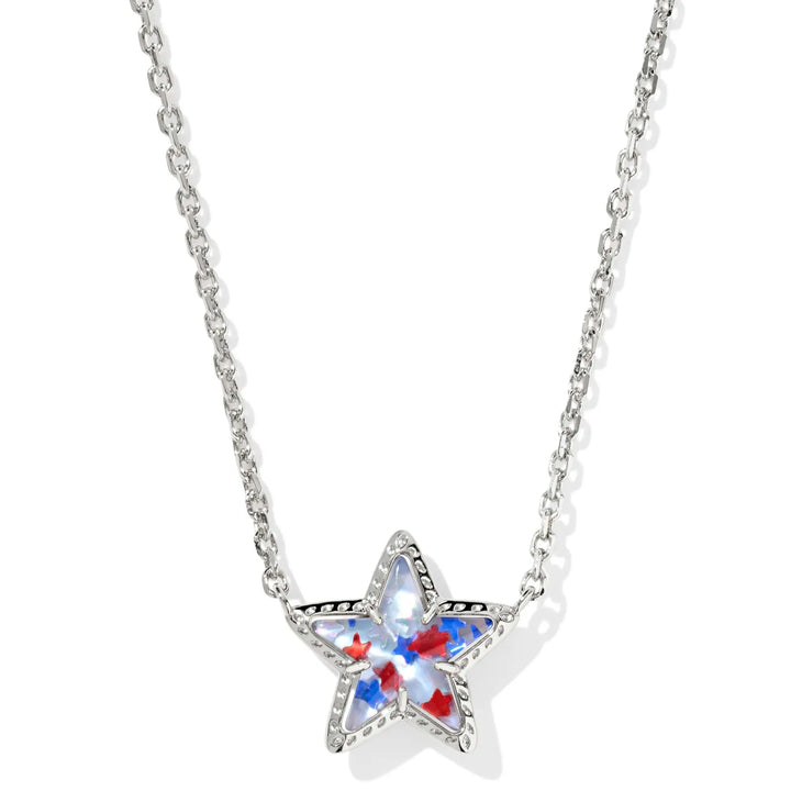 A solid white background with a silver chain necklace that has a star pendant on the end in Red White Blue Star Illusion