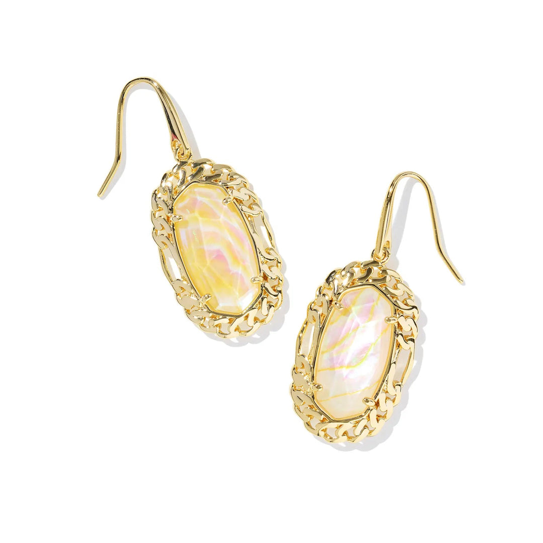 A solid white background with a pair of earrings, the outside edges of the earrings are gold chain and the center stone is Pink Iridescent Abalone.
