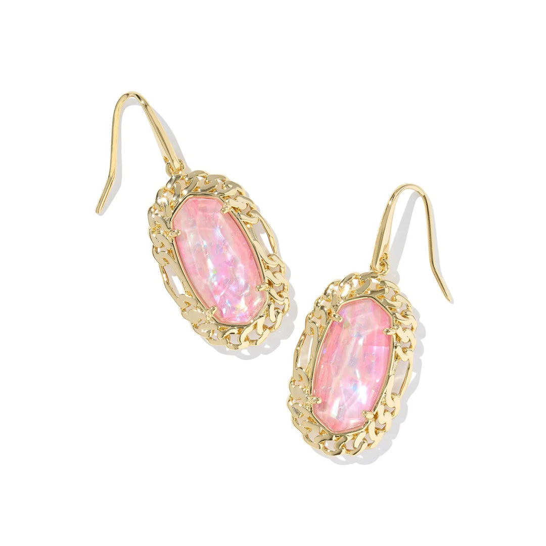 A solid white background with a pair of earrings, the outside edges of the earrings are gold chain and the center stone is Pink Iridescent Mother-of-Pearl.