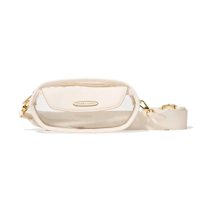 White waist bag with gold accents on a white background