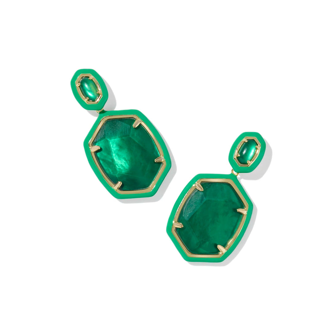 Green earrings with gold accents on a white background