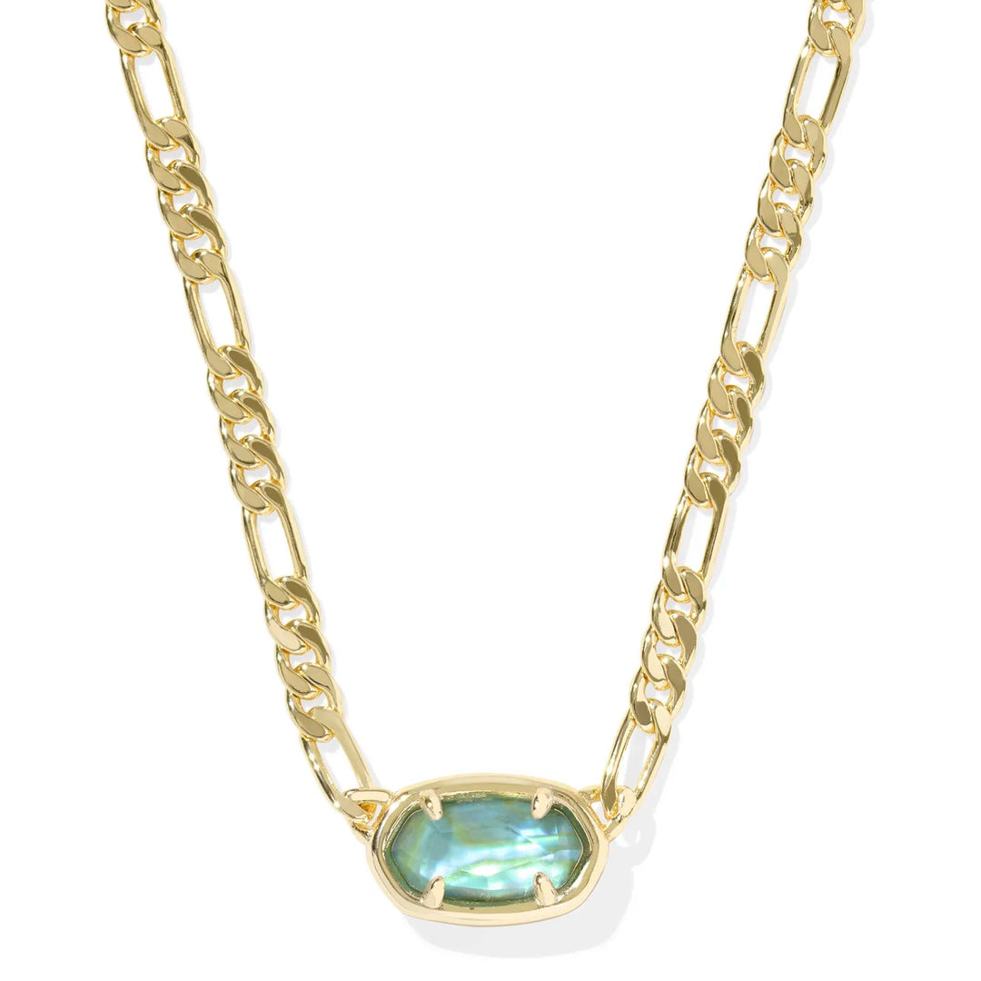 A solid white background with a gold chain necklace and a pendant in Deep Aqua Illusion