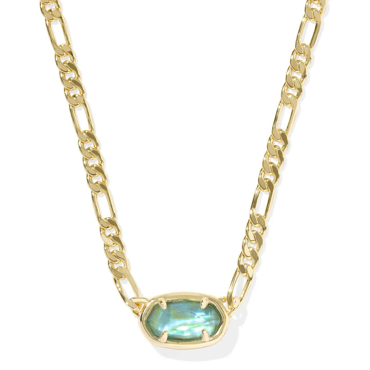 A solid white background with a gold chain necklace and a pendant in Deep Aqua Illusion