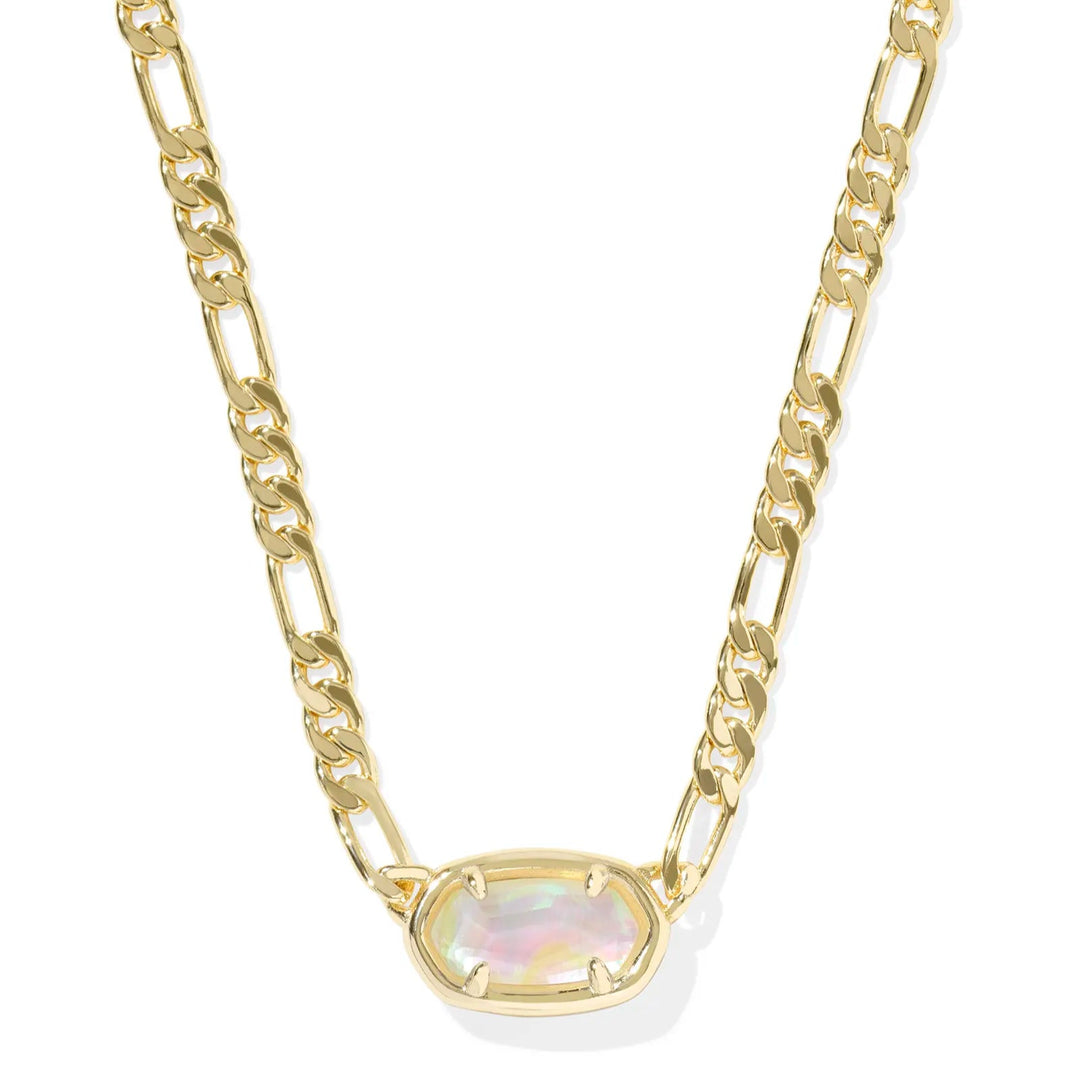 A solid white background with a gold chain necklace and a pendant in Iridescent Abalone