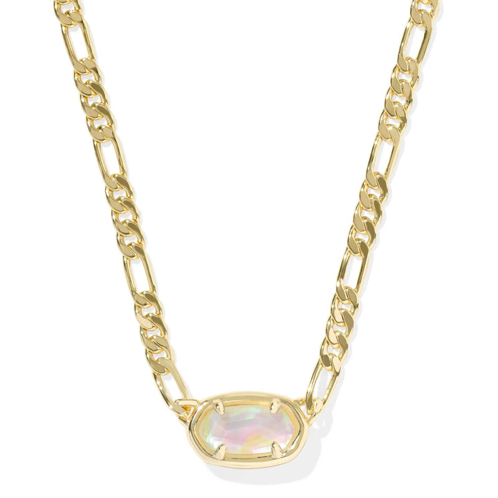 A solid white background with a gold chain necklace and a pendant in Iridescent Abalone