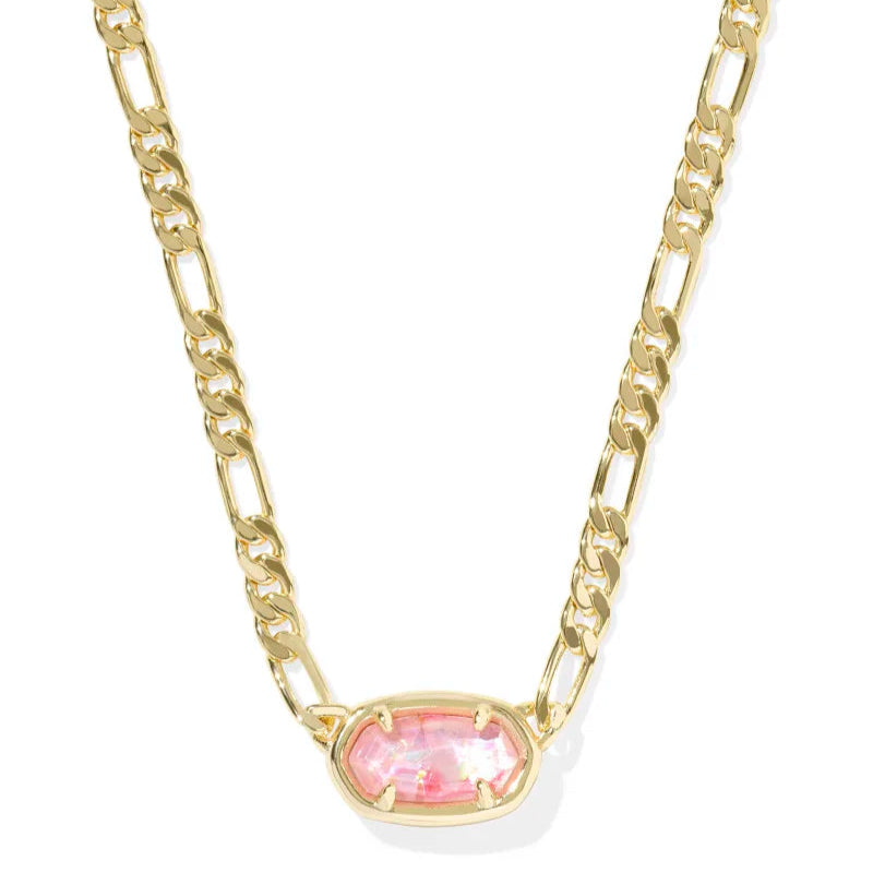 A solid white background with a gold chain necklace and a pendant in Pink Iridescent Mother-of-Pearl