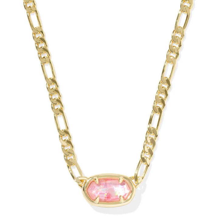 A solid white background with a gold chain necklace and a pendant in Pink Iridescent Mother-of-Pearl