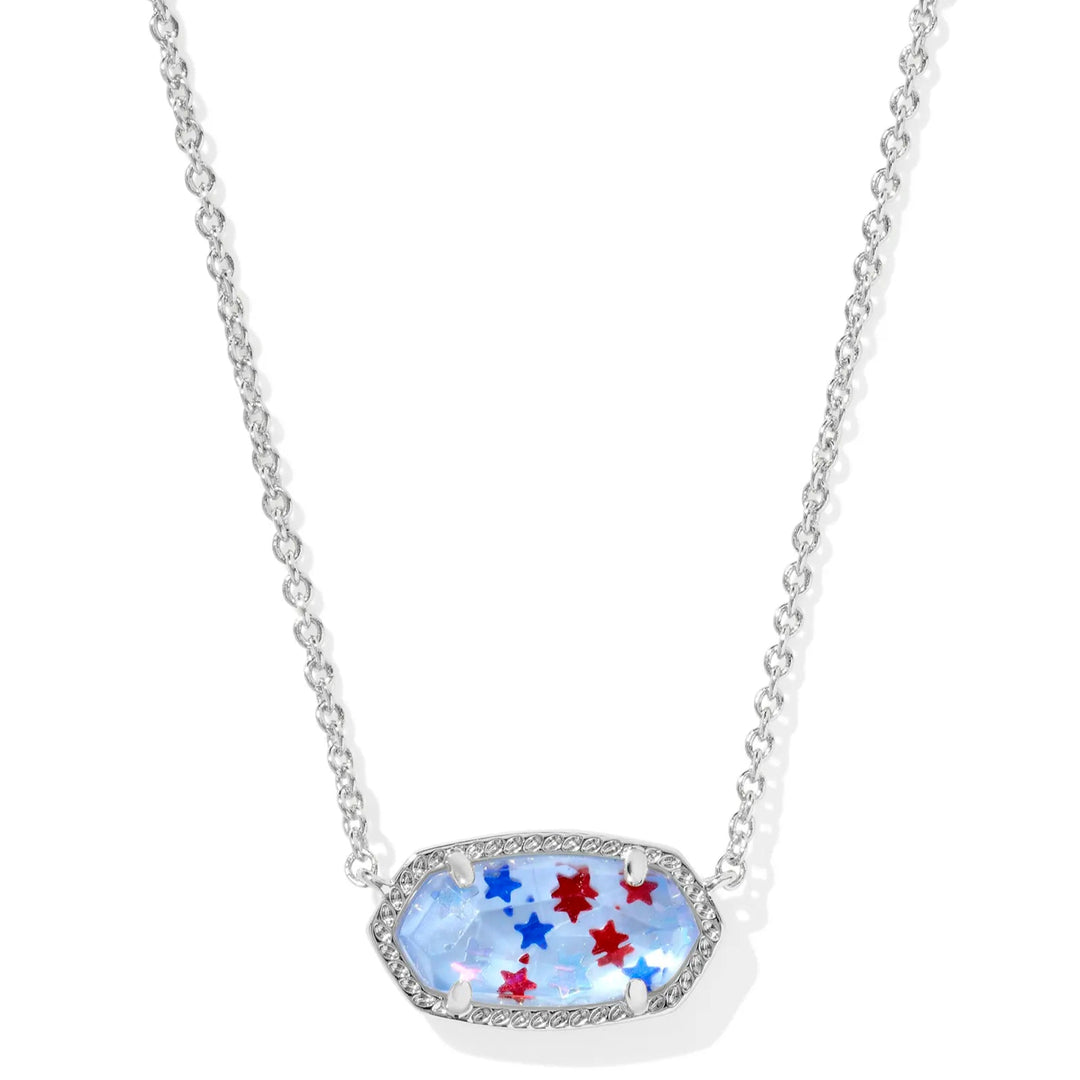 A solid white background with a pendant that has stars inside it in the colors red, white, and blue.