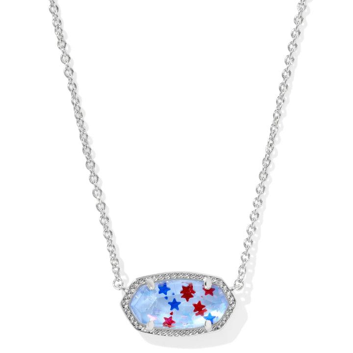 A solid white background with a pendant that has stars inside it in the colors red, white, and blue.
