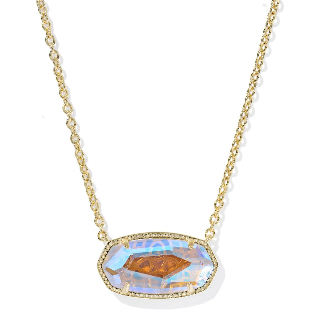 Necklace with a pendant featuring a faceted dichroic glass pendant on a white background