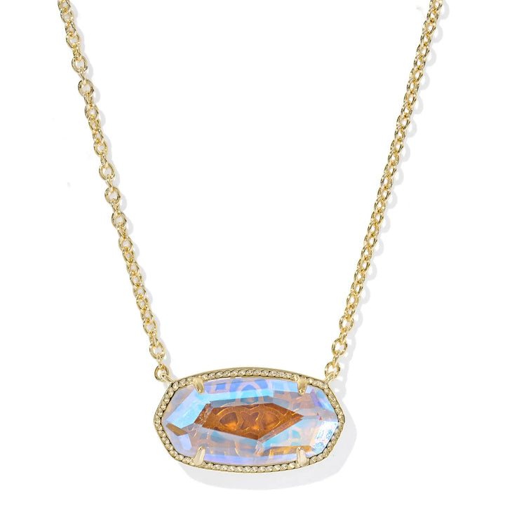 Necklace with a pendant featuring a faceted dichroic glass pendant on a white background