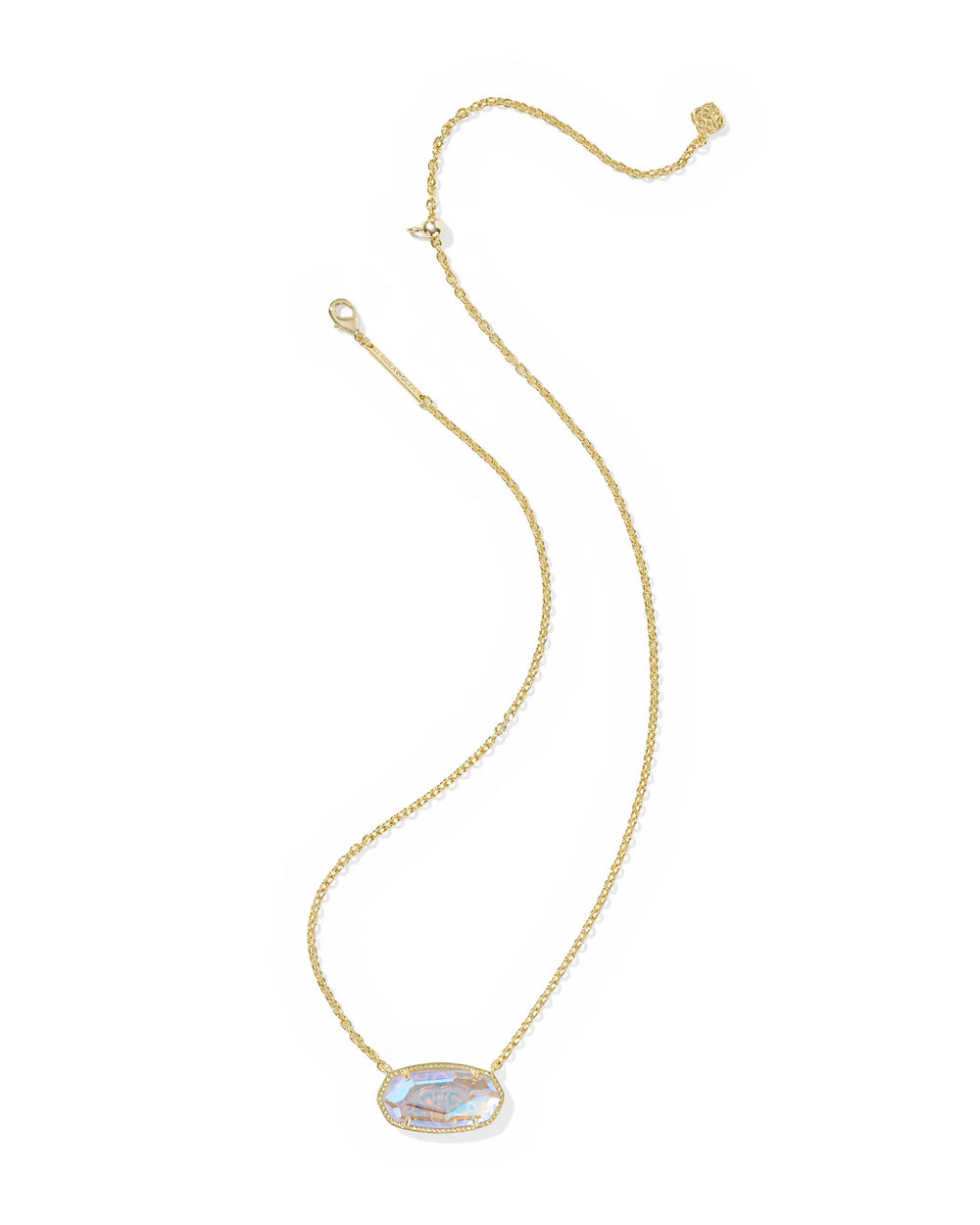 Gold necklace with a dichroic glass pendant on a white background
