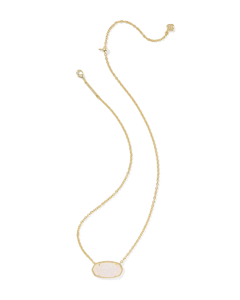 Gold necklace with a iridescent drusy pendant on a white background