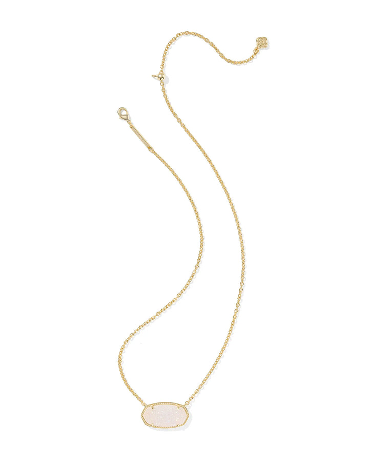 Gold necklace with a iridescent drusy pendant on a white background