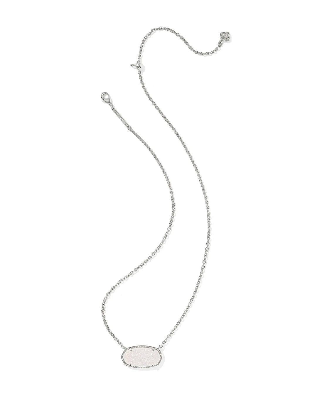 Silver necklace with a iridescent drusy pendant on a white background