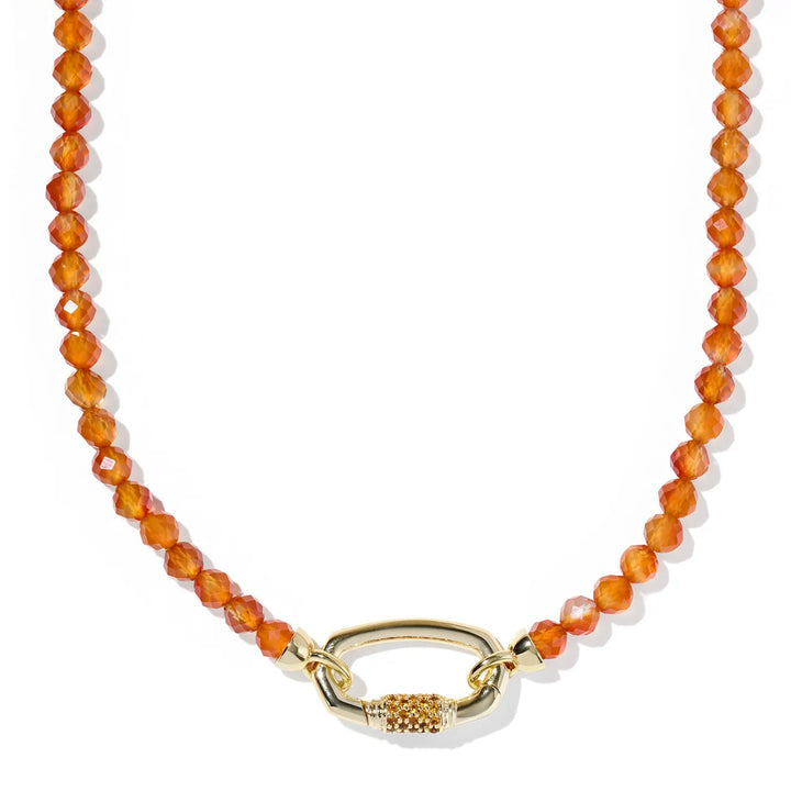 Necklace with orange beads and a gold clasp on a white background