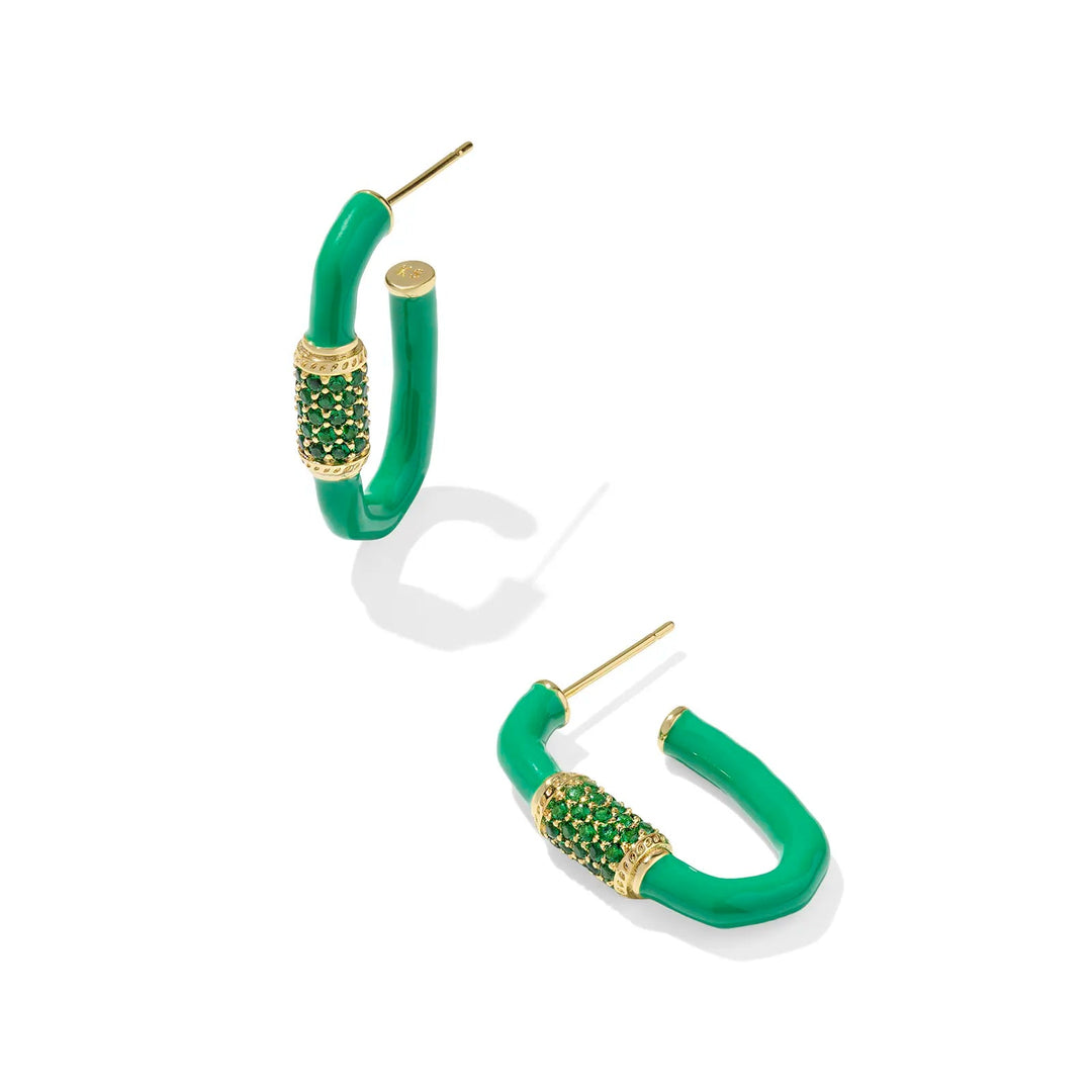 Green hoop earrings with gold accents on a white background