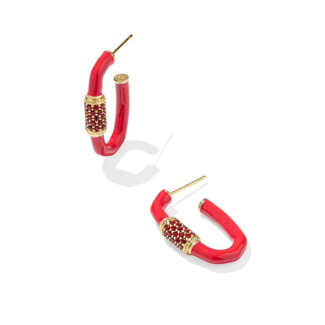 Red hoop earrings with gold accents on a white background
