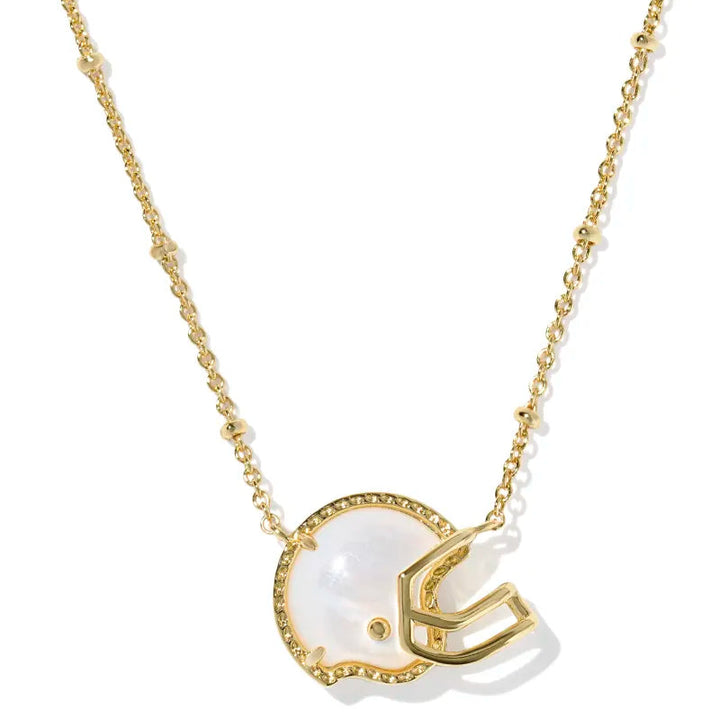 Gold necklace with a football helmet pendant on a white background