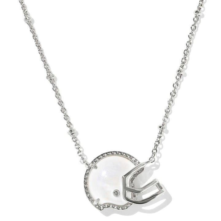 Silver necklace with a football helmet pendant on a white background