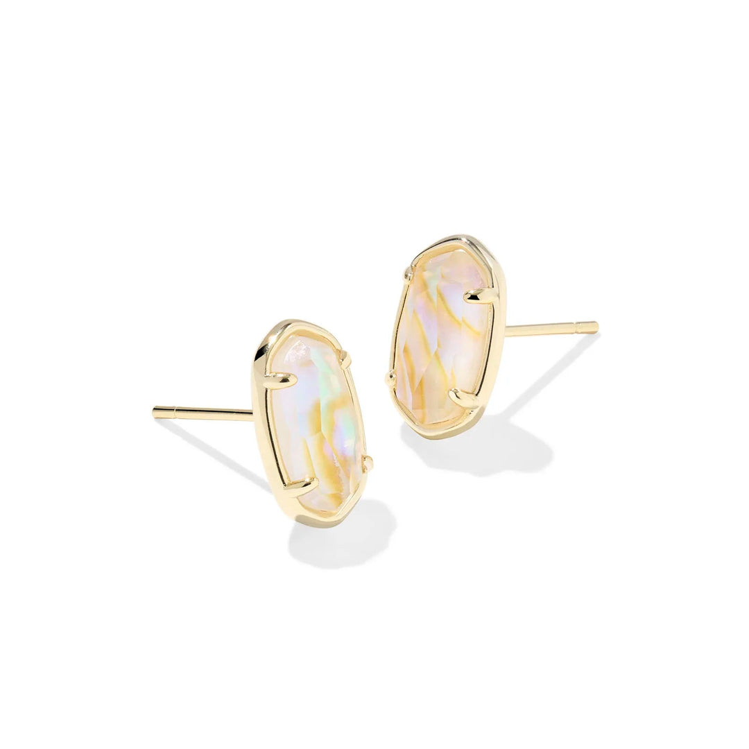 A solid white background with a set of earrings in gold with a center stone of Iridescent Abalone.
