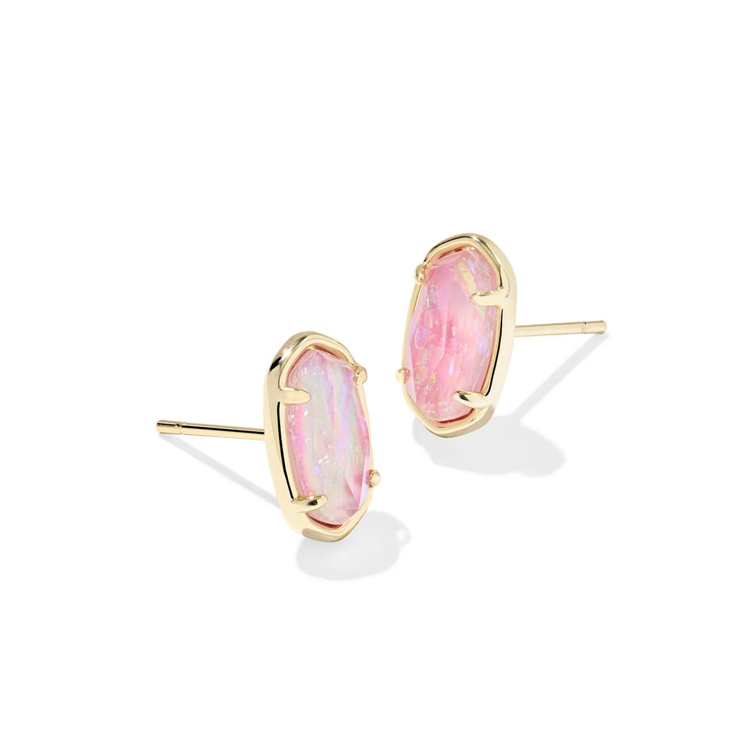 A solid white background with a set of earrings in gold with a center stone of Pink Iridescent Mother-of-Pearl.