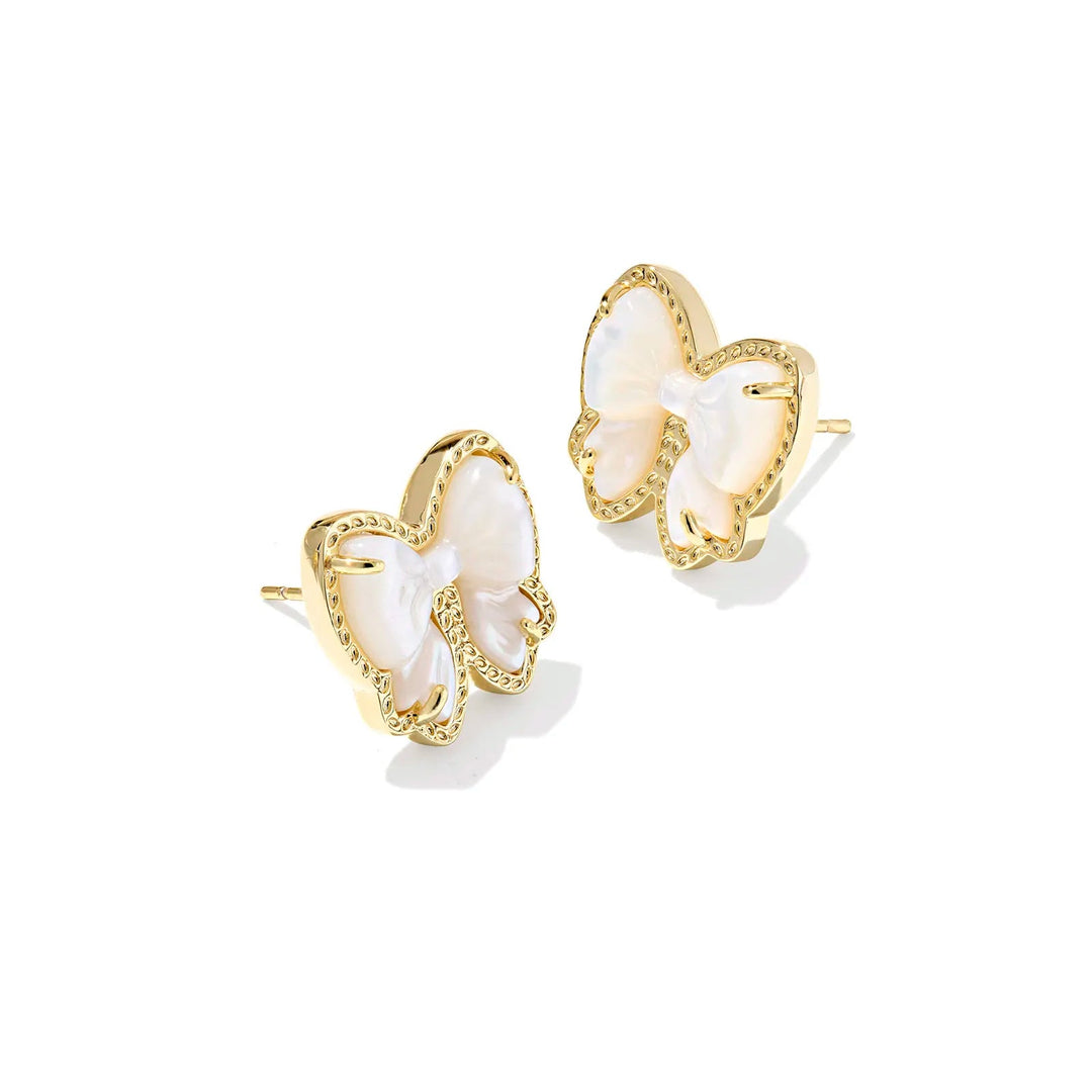 Butterfly-shaped earrings with gold and white design on a white background