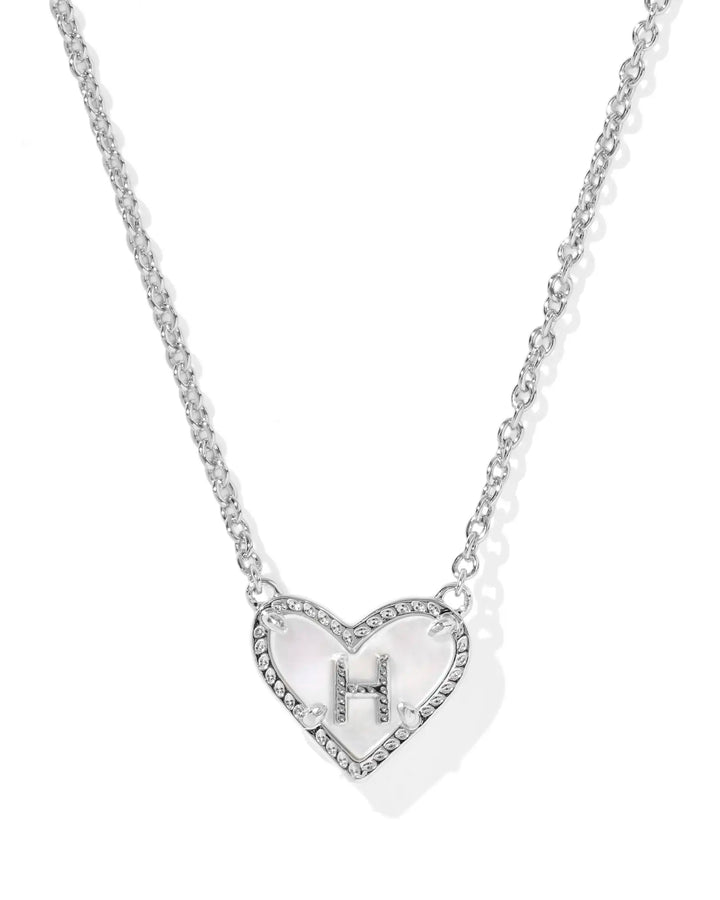 Kendra Scott | Ari Heart Initial Letter Silver Reversible Short Pendant Necklace in Ivory Mother-of-Pearl