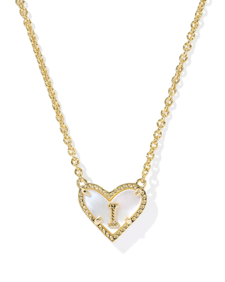Kendra Scott | Ari Heart Initial Letter Gold Reversible Short Pendant Necklace in Ivory Mother-of-Pearl