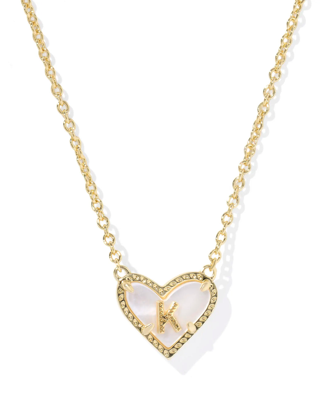Kendra Scott | Ari Heart Initial Letter Gold Reversible Short Pendant Necklace in Ivory Mother-of-Pearl