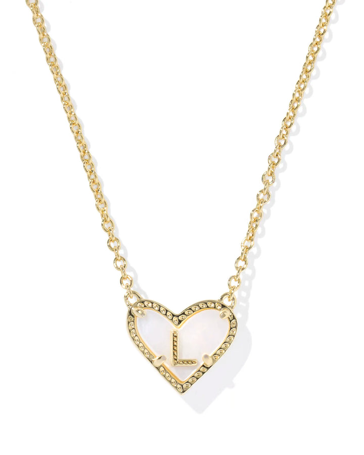 Kendra Scott | Ari Heart Initial Letter Gold Reversible Short Pendant Necklace in Ivory Mother-of-Pearl