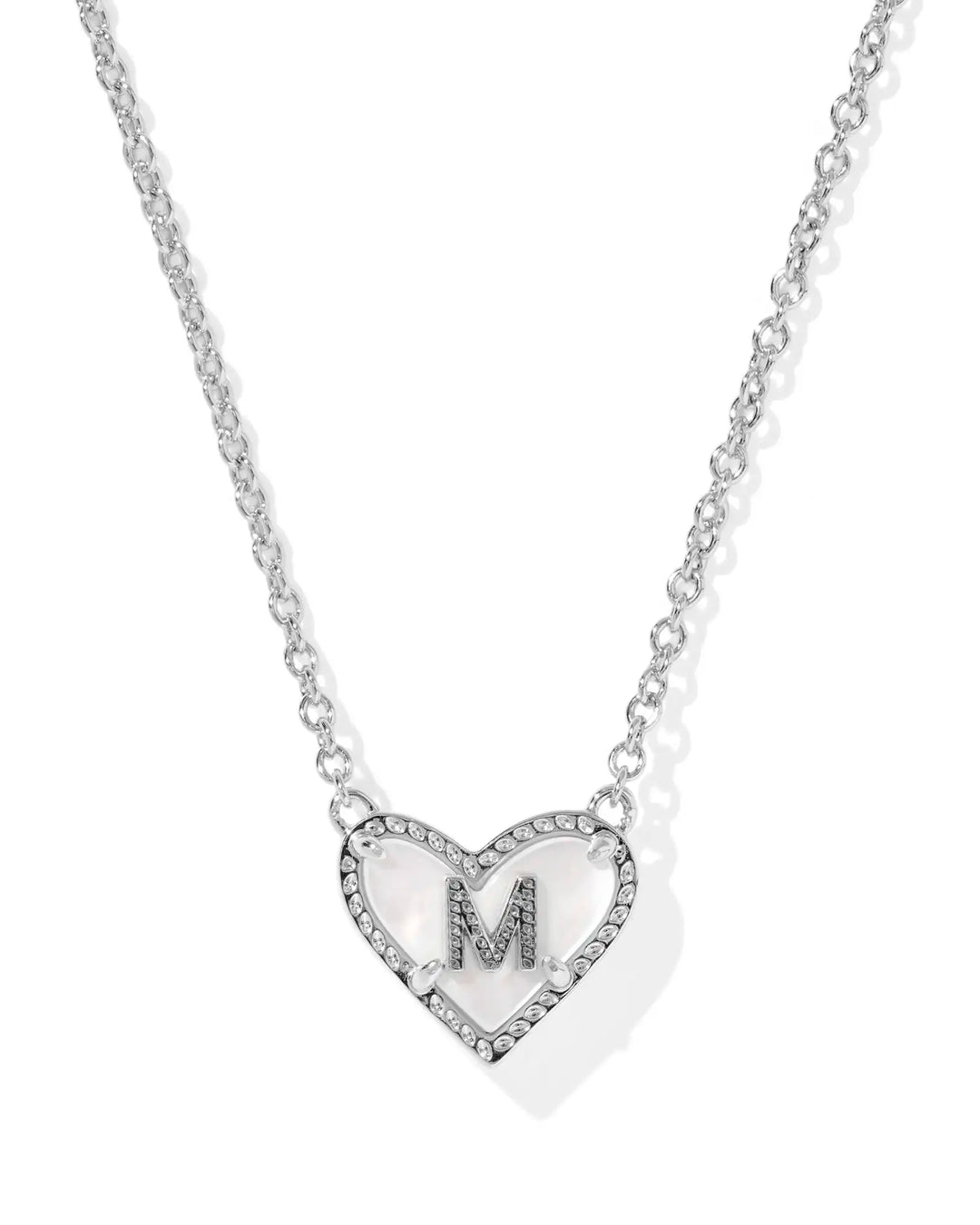 Kendra Scott | Ari Heart Initial Letter Silver Reversible Short Pendant Necklace in Ivory Mother-of-Pearl
