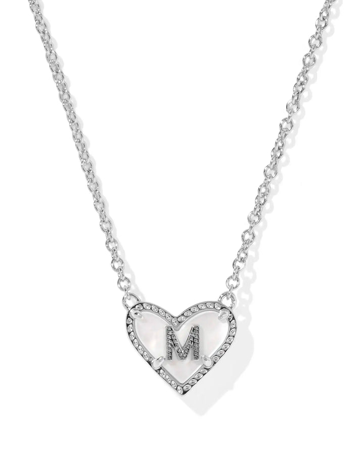 Kendra Scott | Ari Heart Initial Letter Silver Reversible Short Pendant Necklace in Ivory Mother-of-Pearl