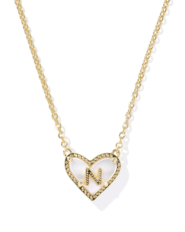 Kendra Scott | Ari Heart Initial Letter Gold Reversible Short Pendant Necklace in Ivory Mother-of-Pearl