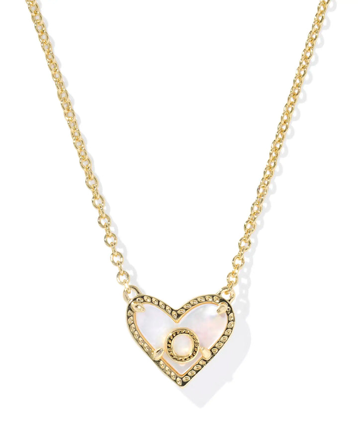 Kendra Scott | Ari Heart Initial Letter Gold Reversible Short Pendant Necklace in Ivory Mother-of-Pearl
